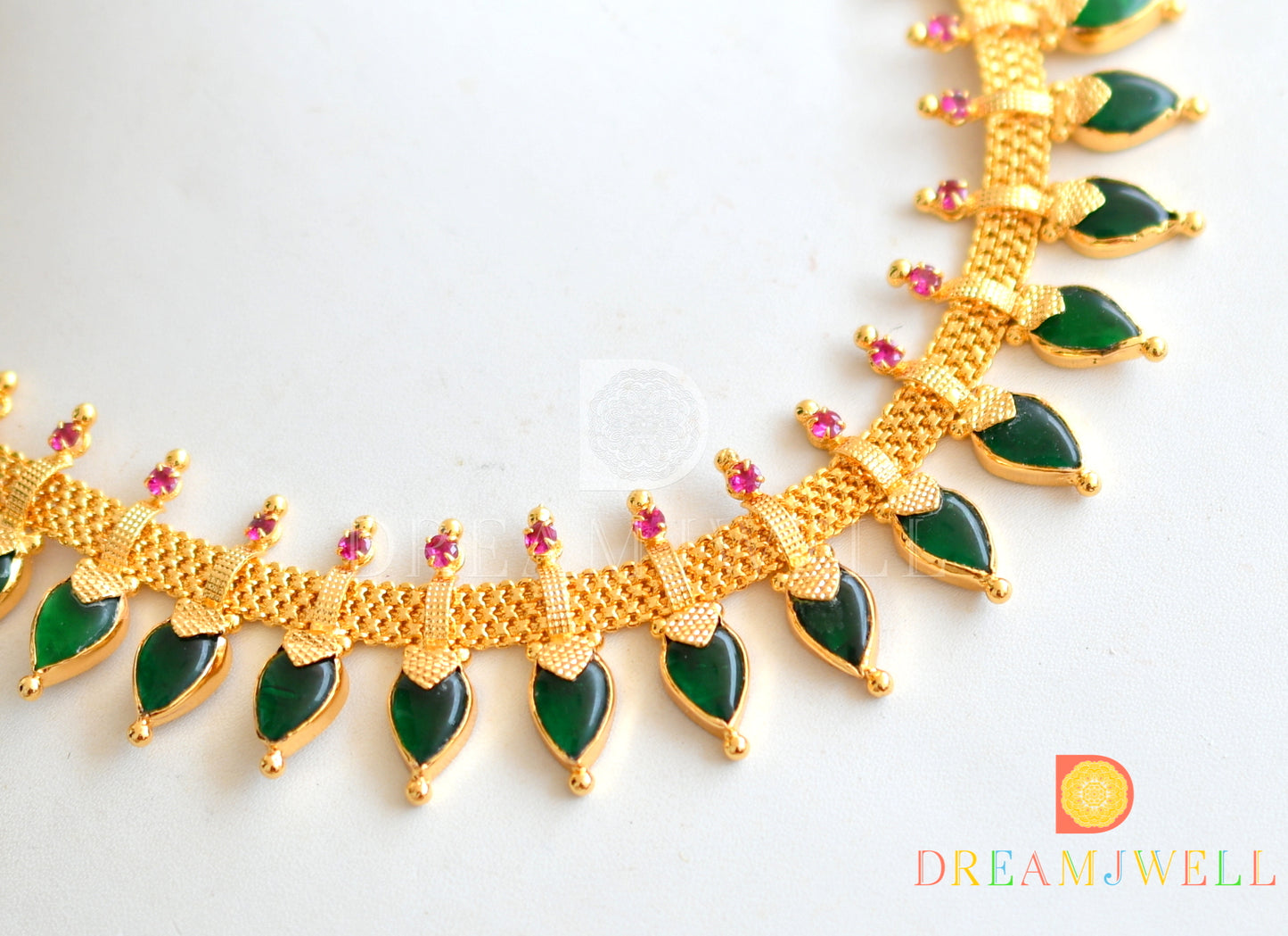 Gold tone pink-green gopi shape Kerala style necklace dj-36394