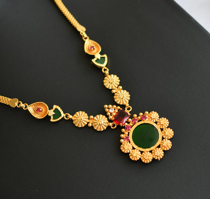 Gold tone block red-pink stone green round-palakka Kerala style necklace dj-41149