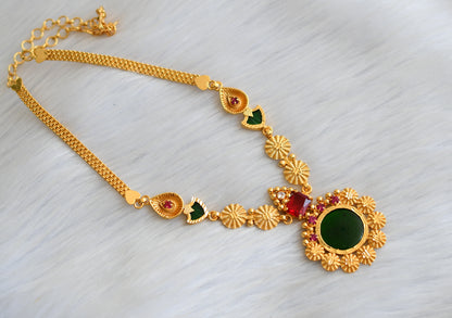 Gold tone block red-pink stone green round-palakka Kerala style necklace dj-41149