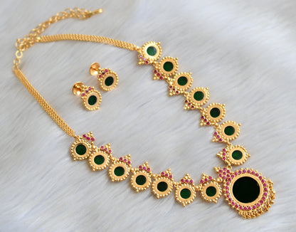 Gold tone pink-green round Kerala style necklace set dj-41165