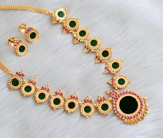 Gold tone pink-green round Kerala style necklace set dj-41165