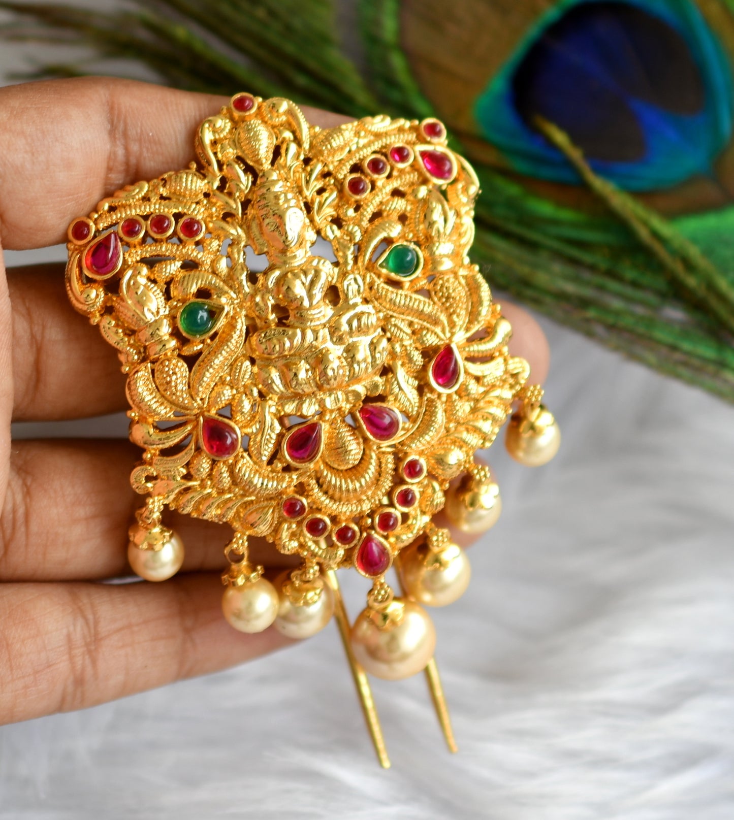 Divine Gold Plated Ruby-green Lakshmi Hair Jewel-dj09685