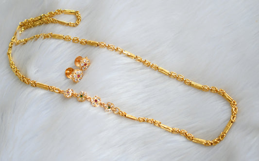 Gold tone ruby-green-white mugappu chain with earrings dj-40163