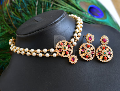 Matte finish navarathna pearl choker necklace set dj-35672