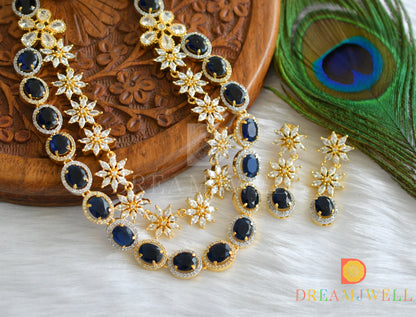 Gold tone cz-blue double layer flower necklace set dj-14685