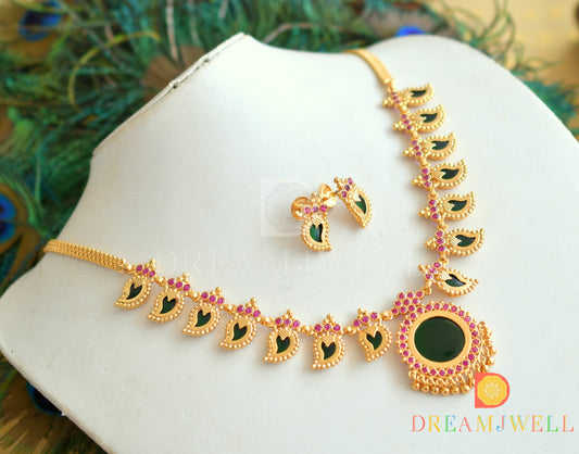 Gold tone AD pink stone green mango Kerala style necklace set dj-36392