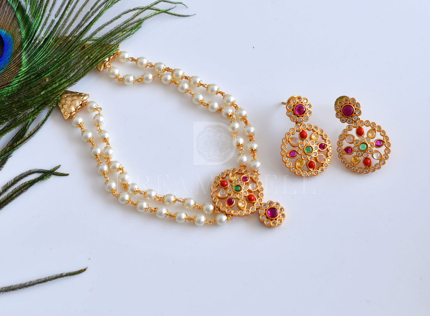 Matte finish navarathna pearl choker necklace set dj-35672