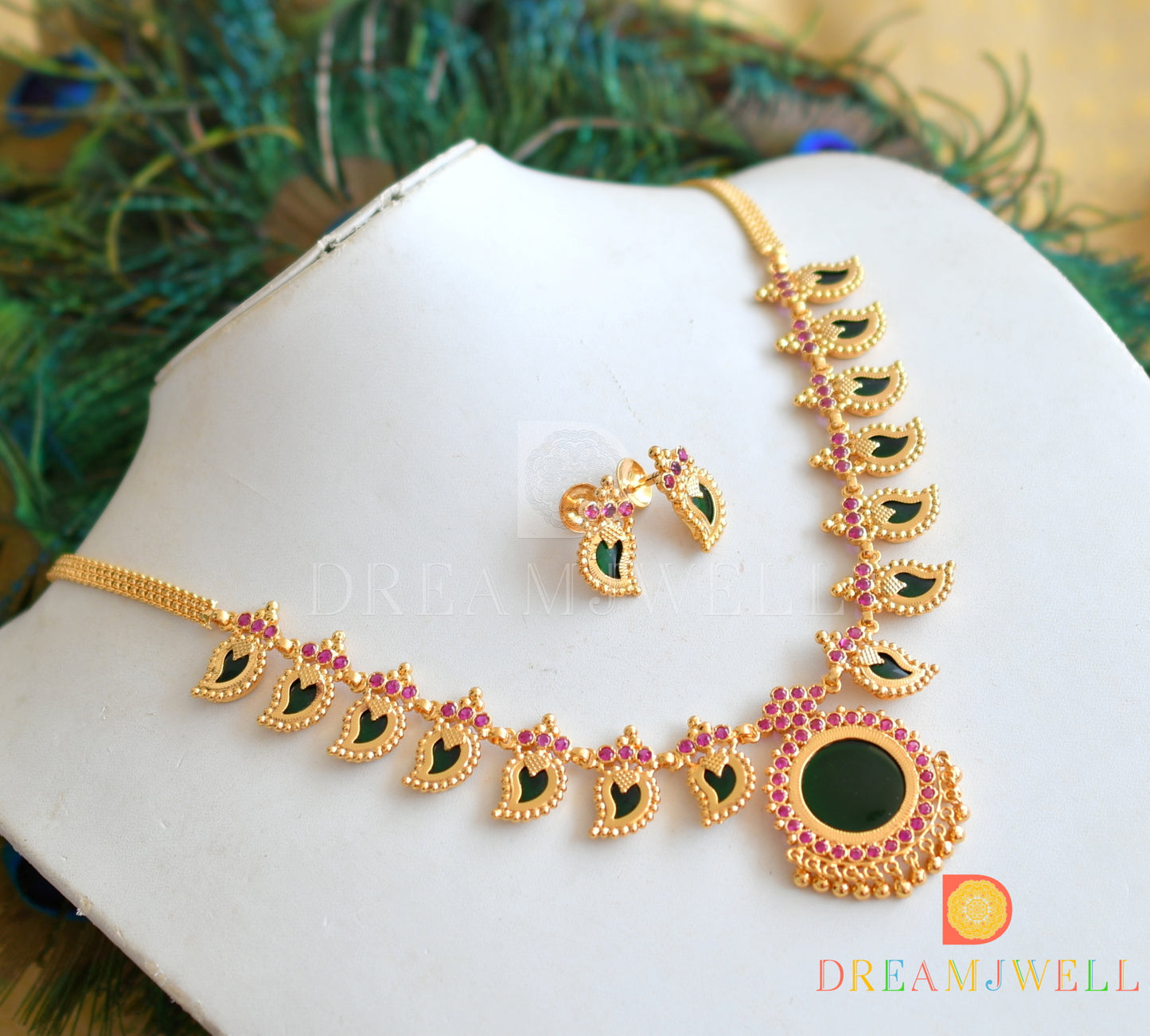 Gold tone AD pink stone green mango Kerala style necklace set dj-36392