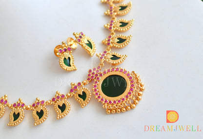 Gold tone AD pink stone green mango Kerala style necklace set dj-36392