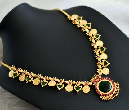 Gold tone pink-green palakka Lakshmi coin Kerala style necklace set dj-41147