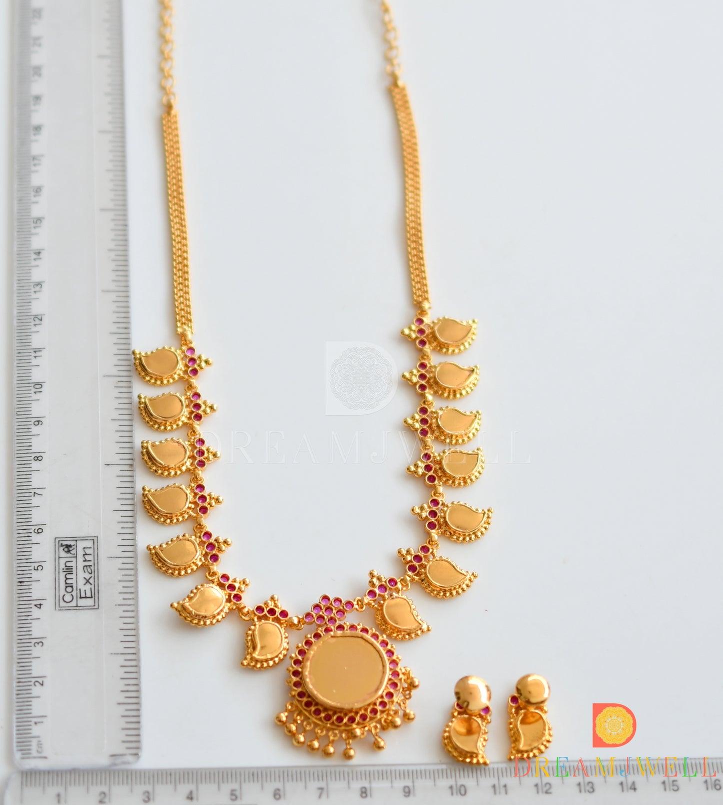 Gold tone AD pink stone green mango Kerala style necklace set dj-36392