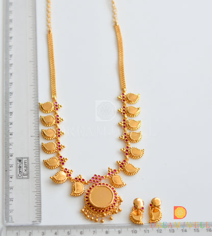 Gold tone AD pink stone green mango Kerala style necklace set dj-36392