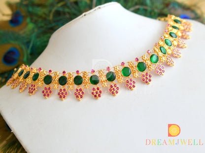 Gold tone AD pink stone green round Kerala style choker necklace dj-36398