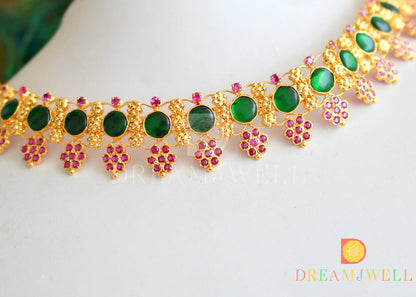 Gold tone AD pink stone green round Kerala style choker necklace dj-36398