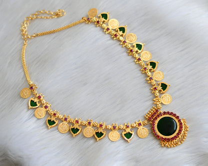 Gold tone pink-green palakka Lakshmi coin Kerala style necklace set dj-41147