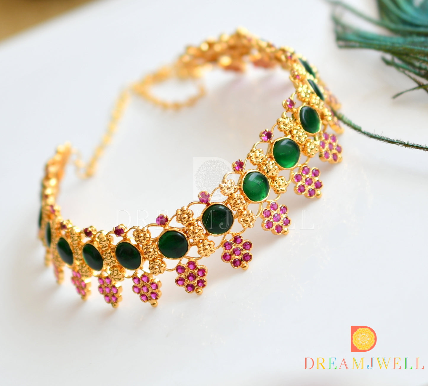 Gold tone AD pink stone green round Kerala style choker necklace dj-36398