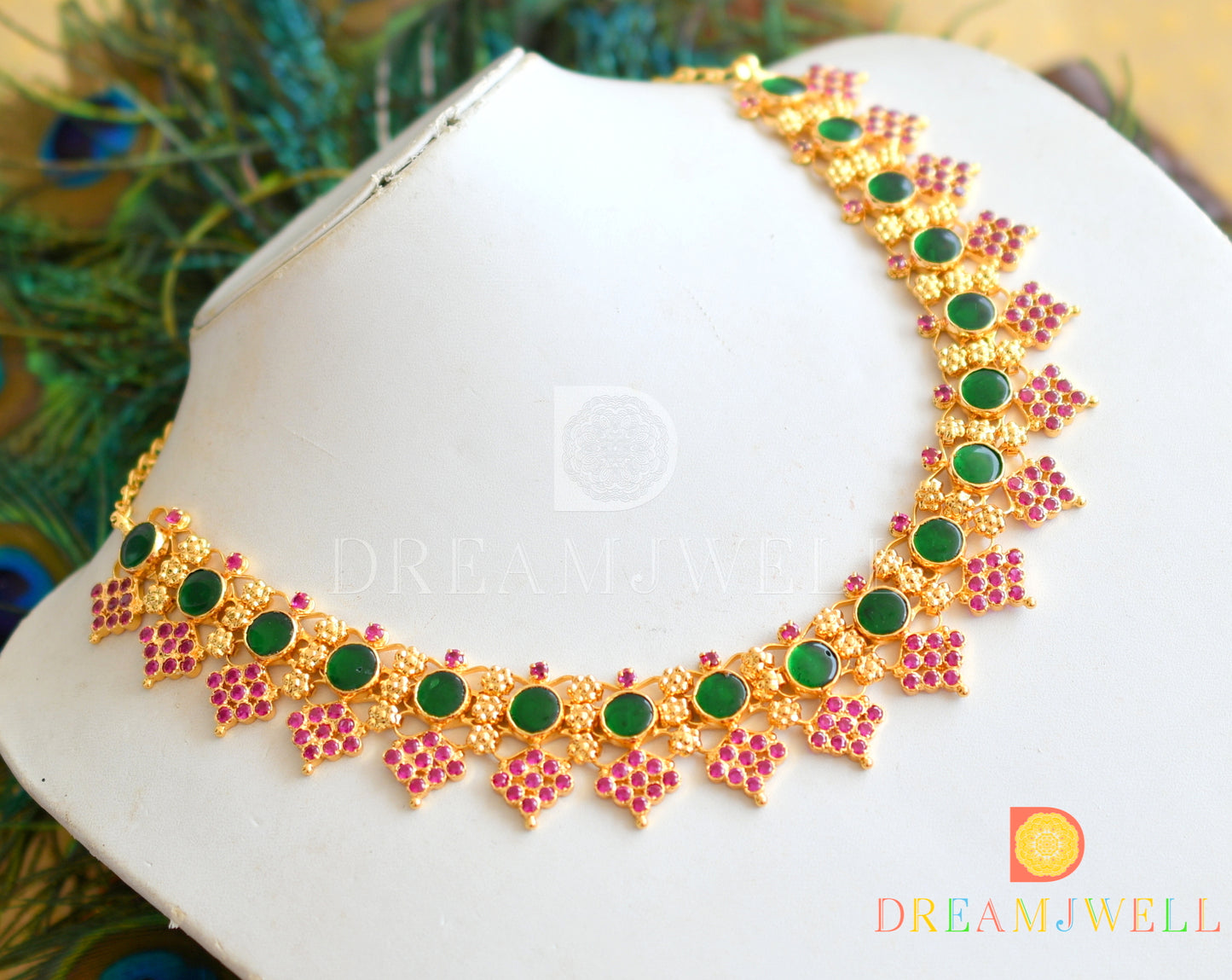 Gold tone AD pink stone green round Kerala style necklace dj-36399