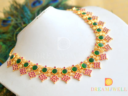 Gold tone AD pink stone green round Kerala style necklace dj-36399