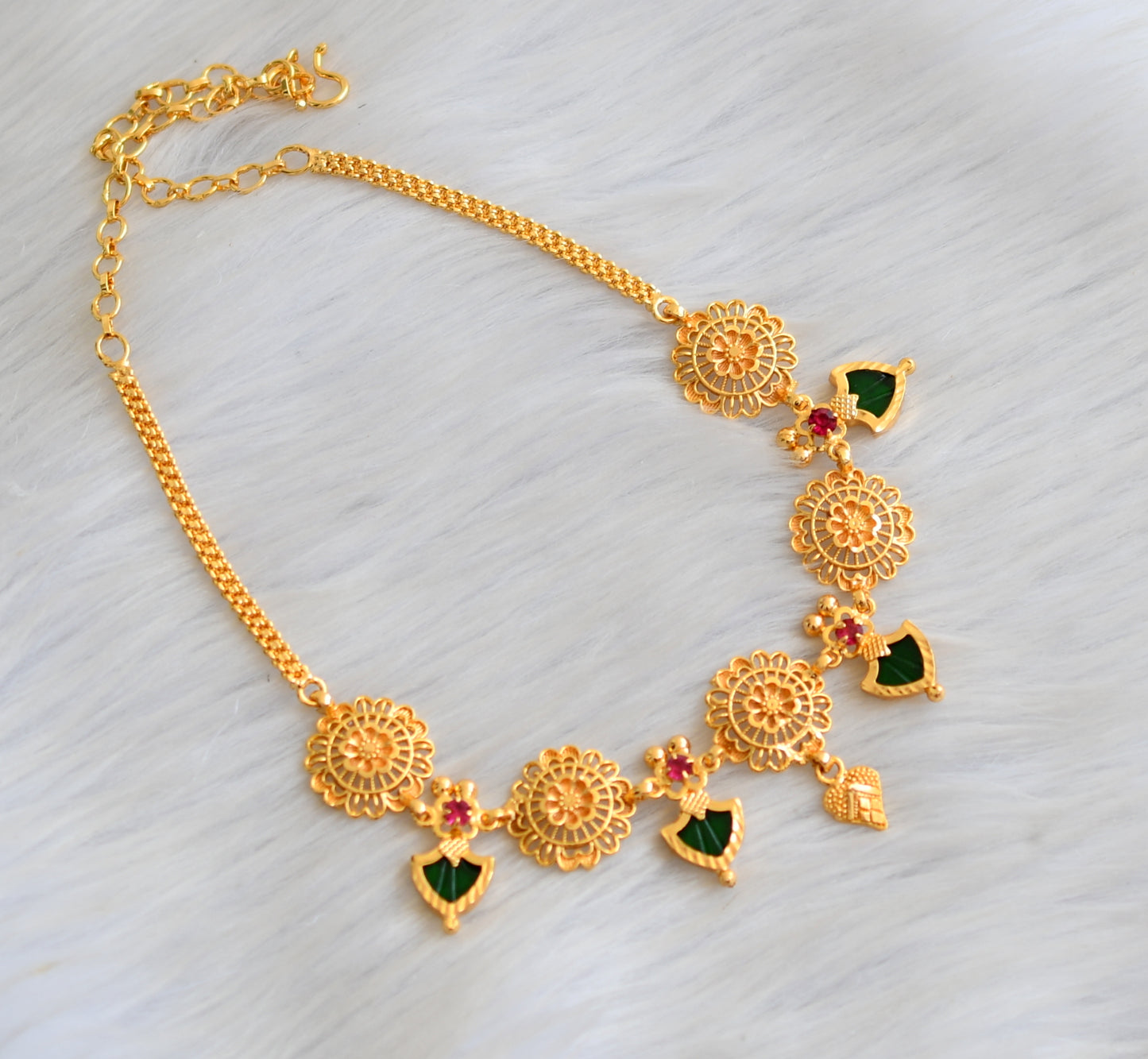 Gold tone pink stone green palakka flower Kerala style necklace dj-41151