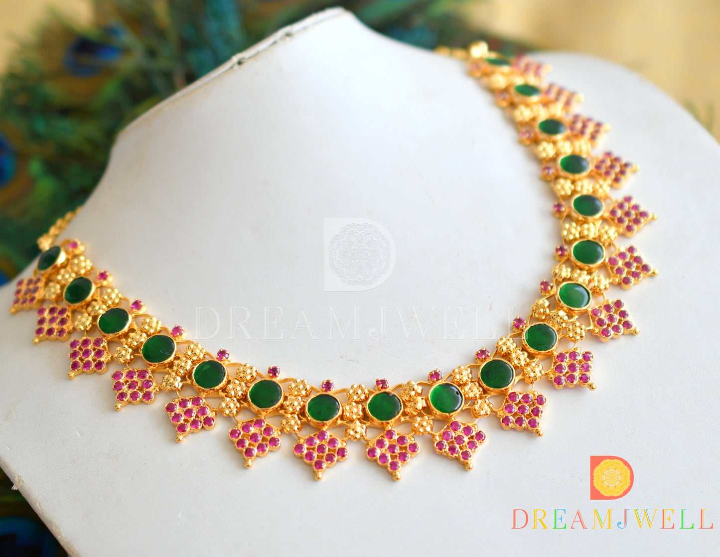 Gold tone AD pink stone green round Kerala style necklace dj-36399