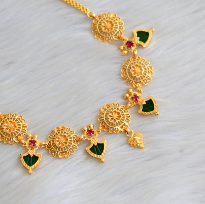 Gold tone pink stone green palakka flower Kerala style necklace dj-41151