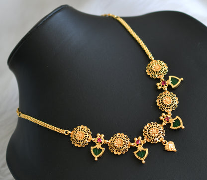 Gold tone pink stone green palakka flower Kerala style necklace dj-41151