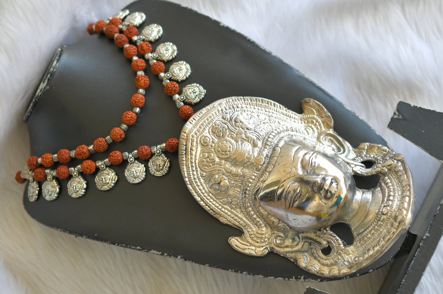 Silver tone big Ma-Durga pendant Rudraksh beaded necklace dj-39507