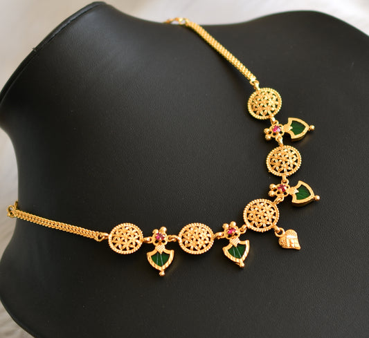 Gold tone pink stone green palakka Kerala style necklace dj-41152