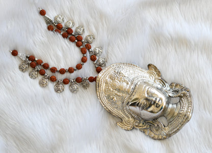 Silver tone big Ma-Durga pendant Rudraksh beaded necklace dj-39507