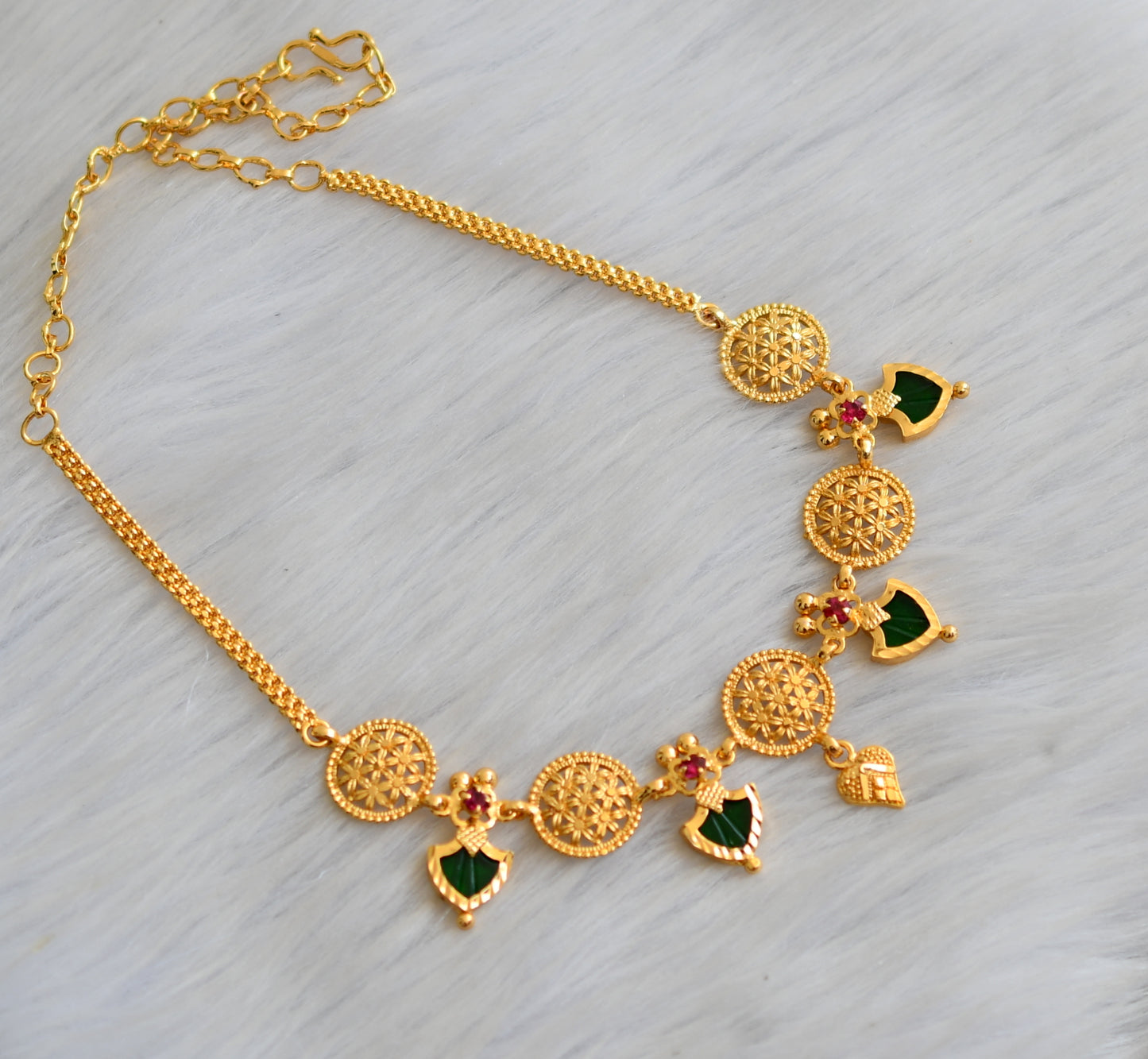 Gold tone pink stone green palakka Kerala style necklace dj-41152