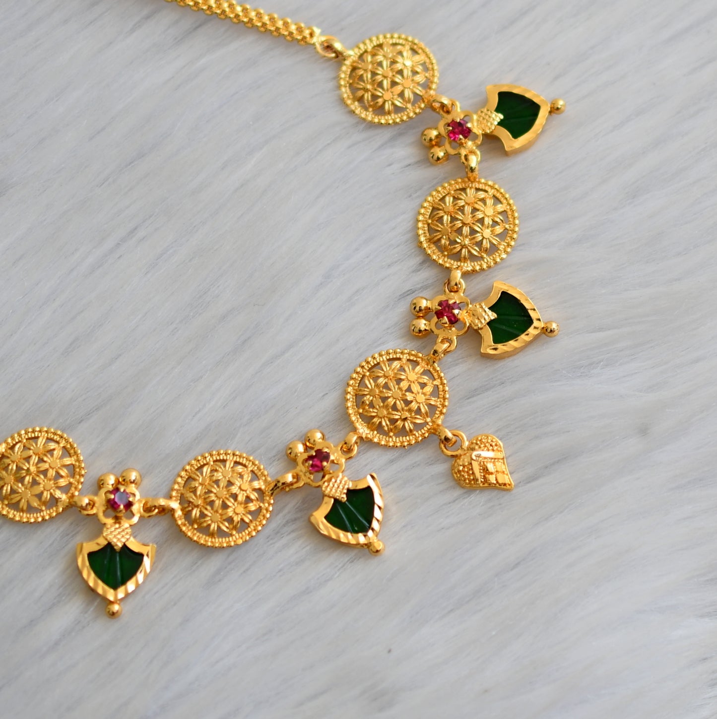 Gold tone pink stone green palakka Kerala style necklace dj-41152