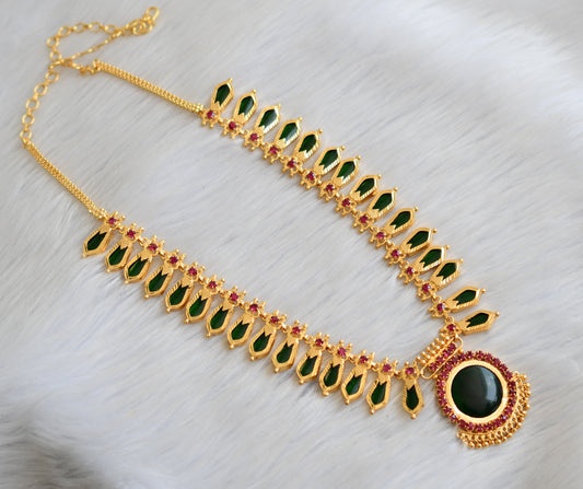 Gold tone pink-green nagapadam round Kerala style necklace set dj-41148