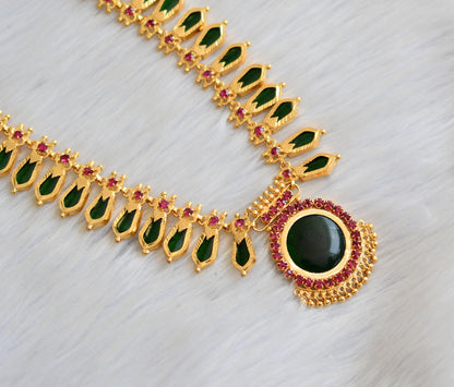 Gold tone pink-green nagapadam round Kerala style necklace set dj-41148