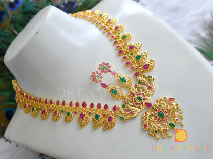 Gold tone ruby-green peacock necklace set dj-04200