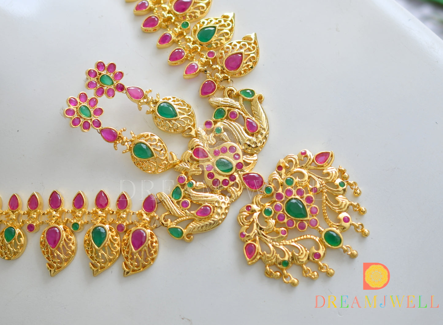 Gold tone ruby-green peacock necklace set dj-04200