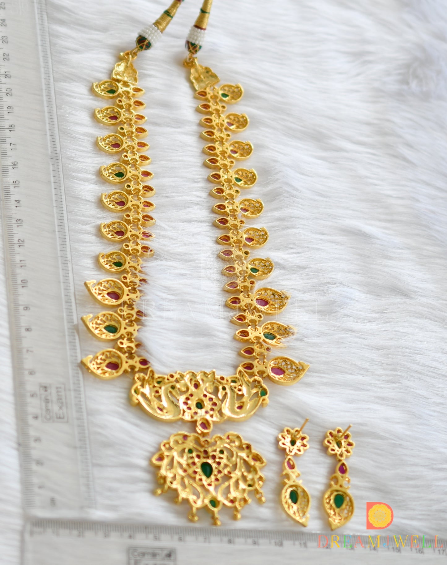 Gold tone ruby-green peacock necklace set dj-04200