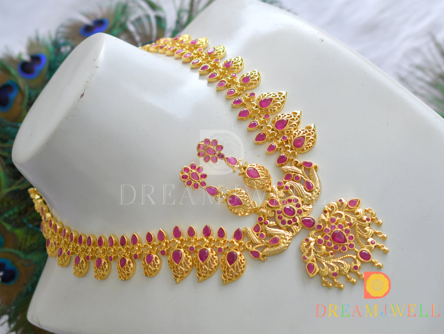 Gold tone Ruby peacock necklace set dj-04201