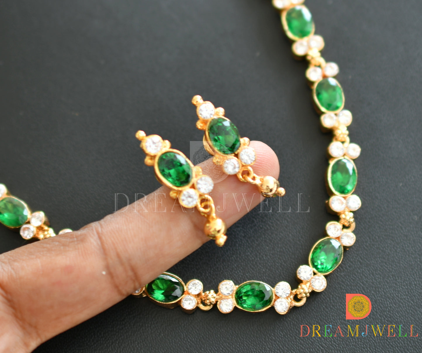 Gold Replica cz emerald American diamond stone necklace set dj-20135