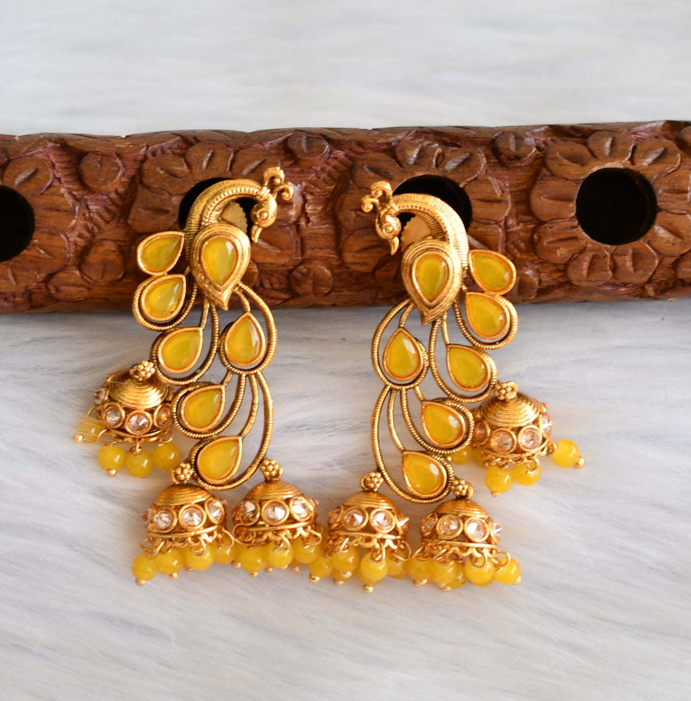 Antique gold tone yellow peacock jhumkka dj-13228
