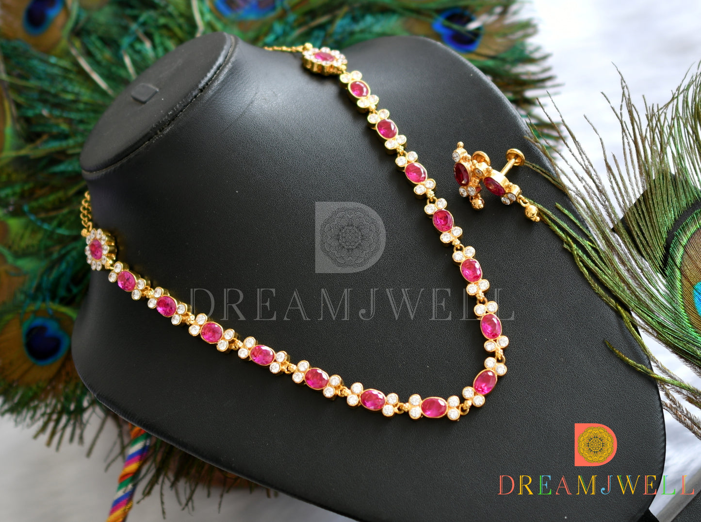 Gold Replica cz ruby American diamond stone necklace set dj-20137