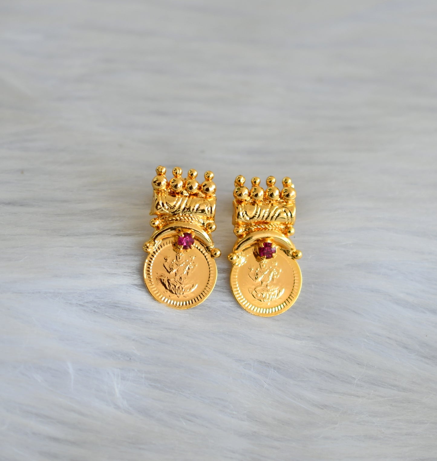 Gold tone pink stone Lakshmi coin Kerala style earrings dj-41140