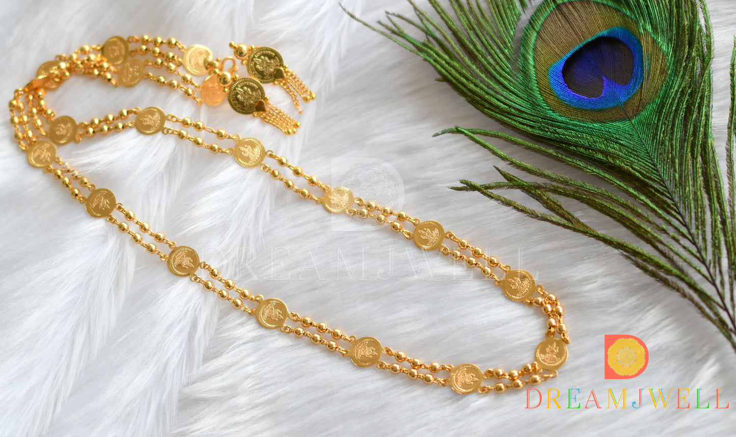 Gold tone Lakshmi coin chain with screw back earrings dj-37937