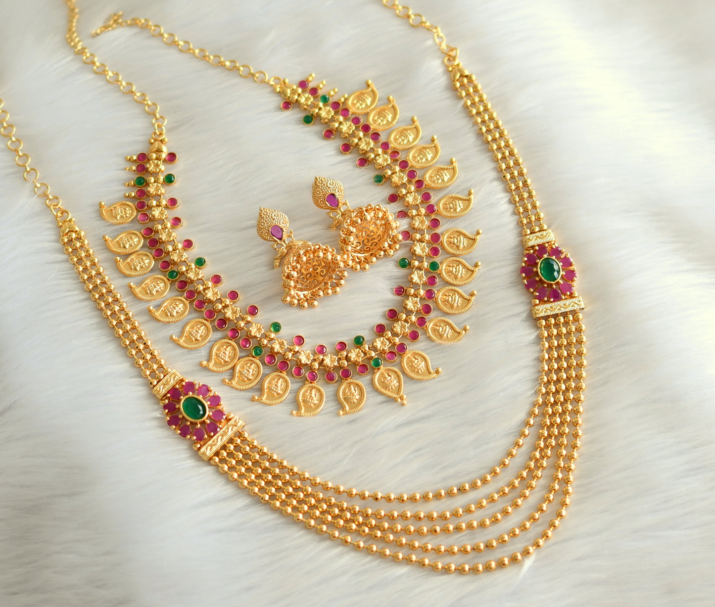 Gold tone ruby-green mango combo set dj-27721