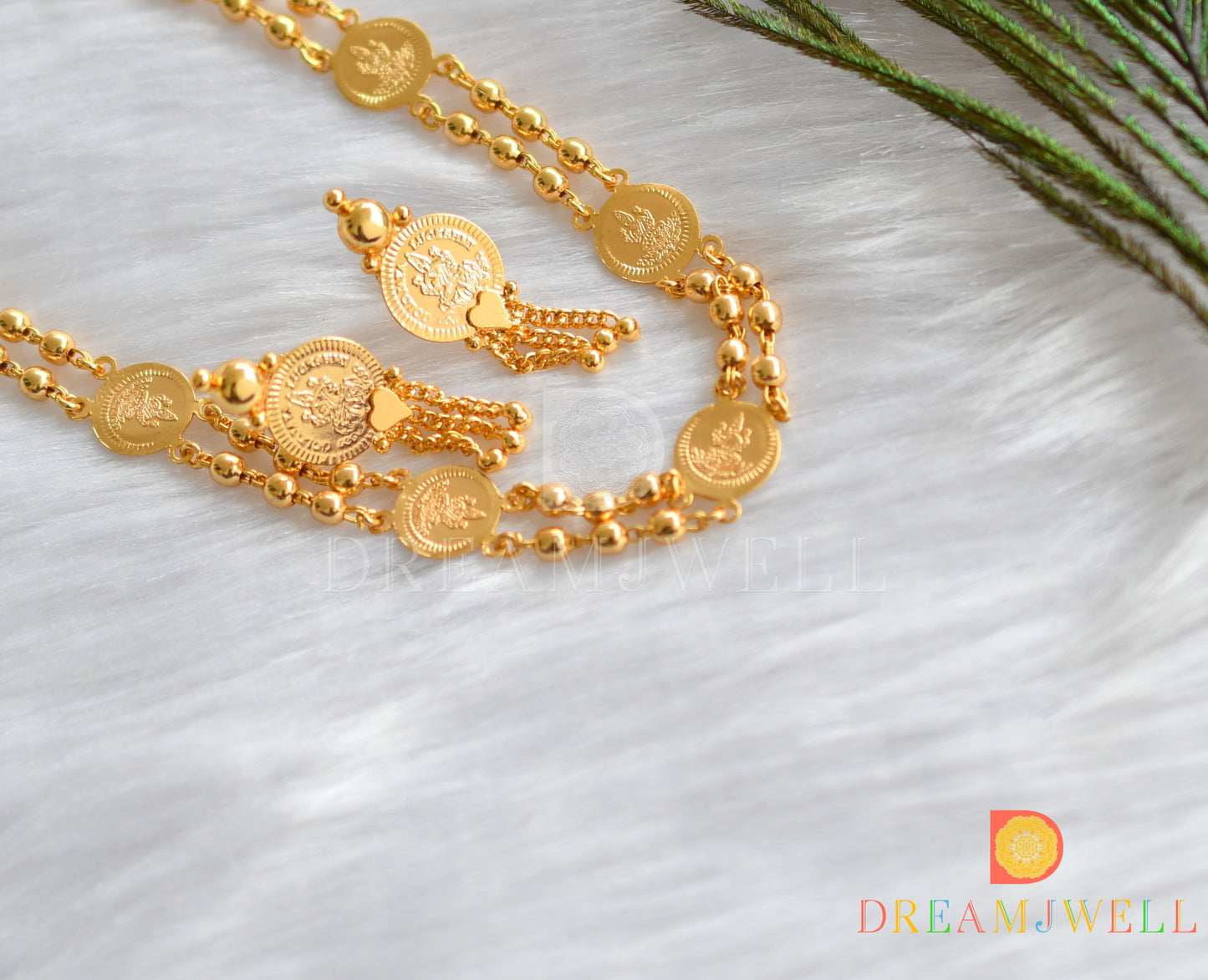 Gold tone Lakshmi coin chain with screw back earrings dj-37937