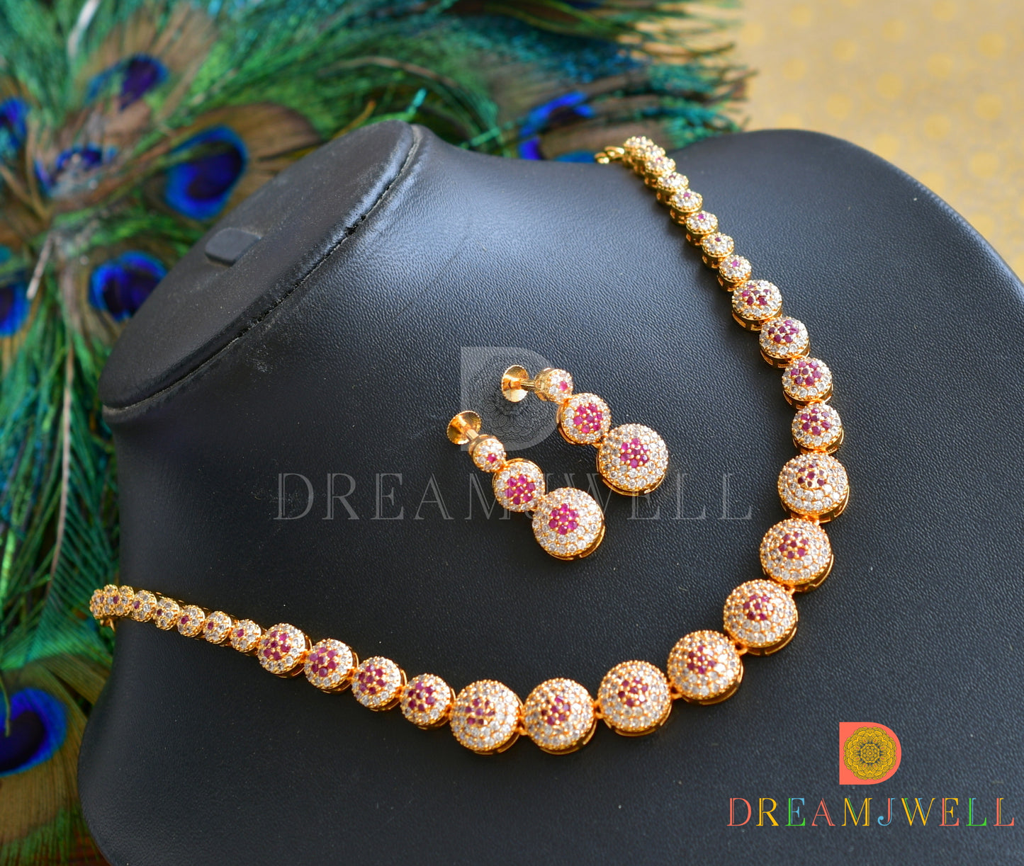 Gold tone cz ruby round necklace set dj-36404