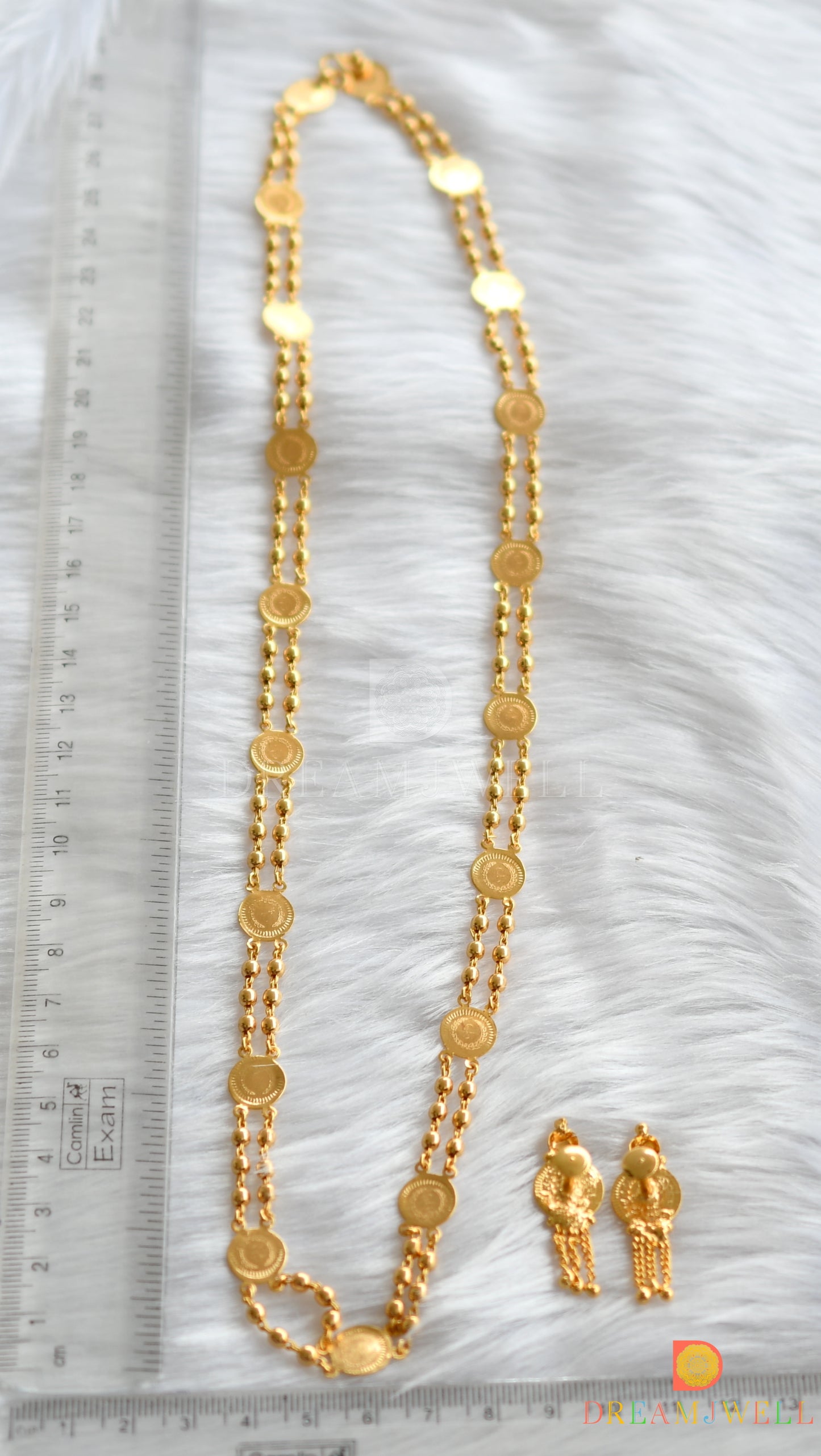 Gold tone Lakshmi coin chain with screw back earrings dj-37937