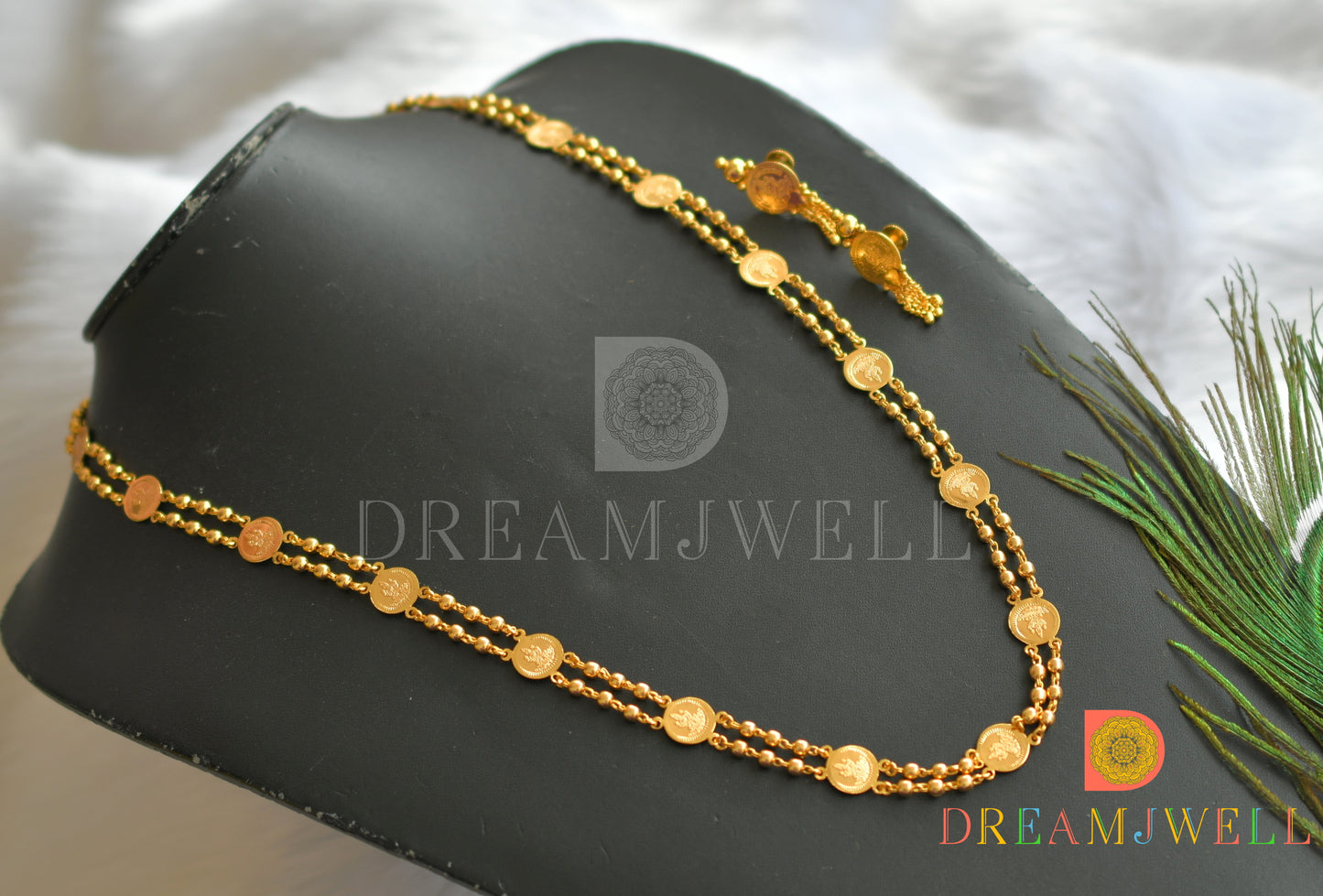 Gold tone Lakshmi coin chain with screw back earrings dj-37937