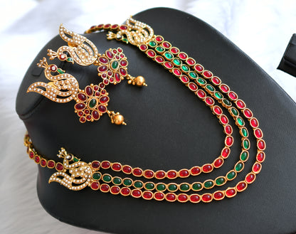 Antique gold tone kemp-green multilayer peacock mugappu necklace set dj-02263