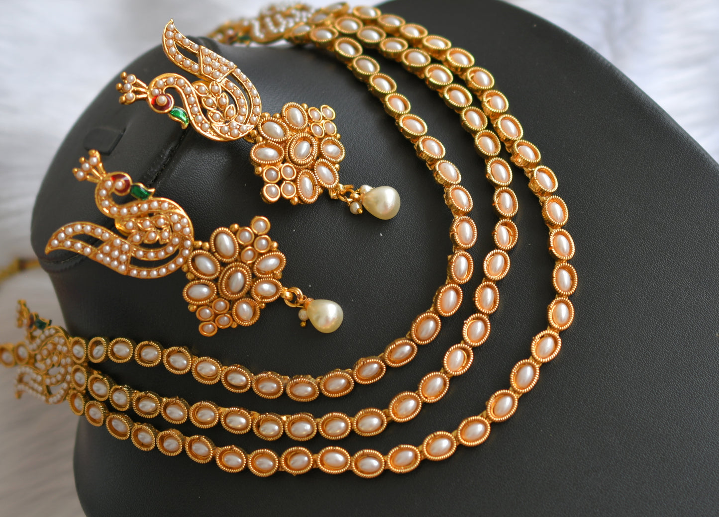 Antique gold tone multilayer pearl peacock necklace set dj-02260