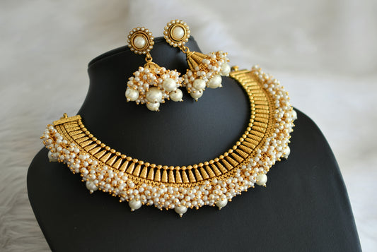 Antique gold tone pearl cluster necklace set dj-13552